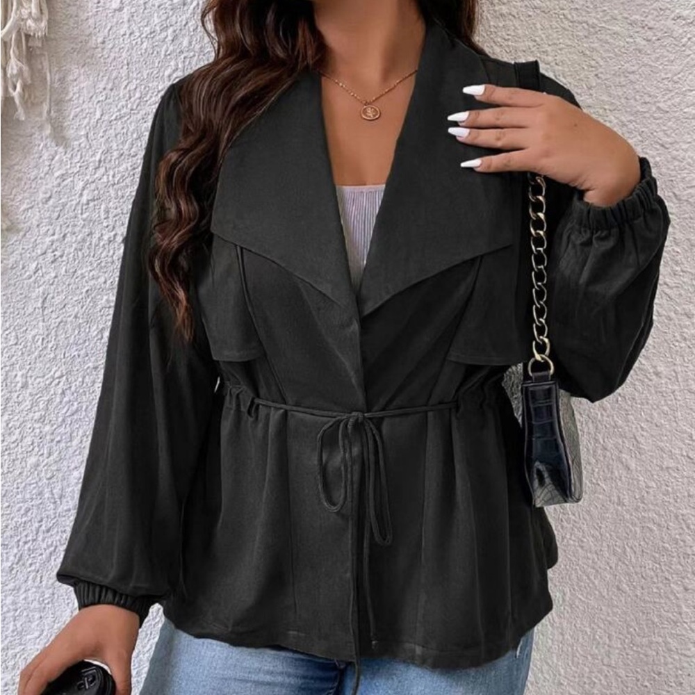 SHEIN Curve Women’s Black Waterfall Collar‎ Drawstring Waist Jacket 1XL NWT - Picture 4 of 10
